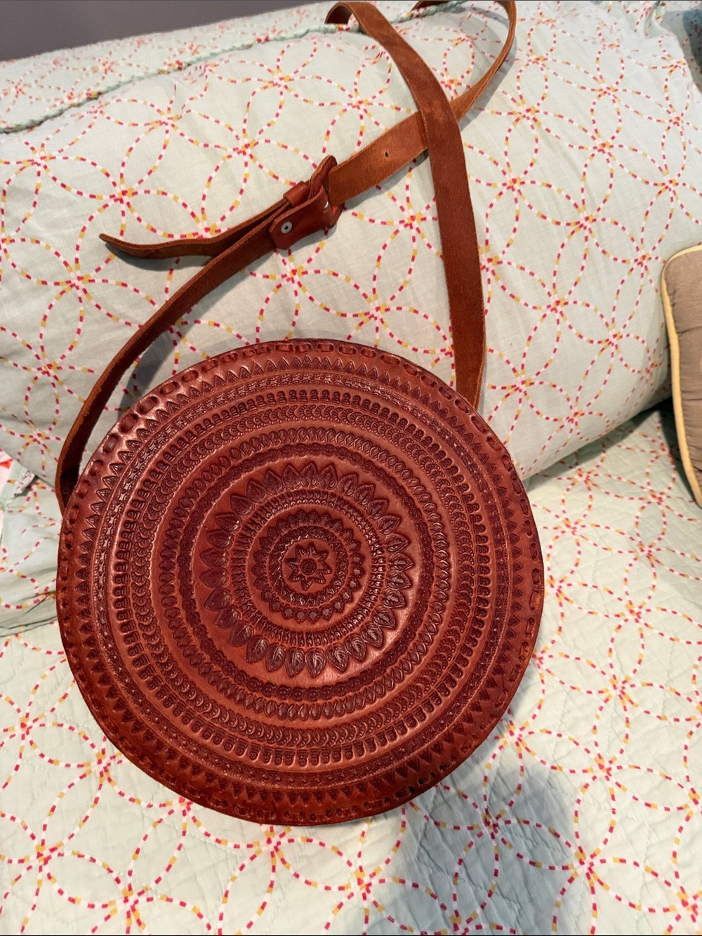 Round Embossed Leather Crossbody Bag - Brown